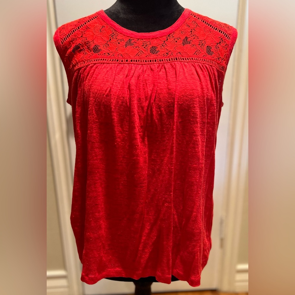 Madewell Lace Yoke w/ Lattice Sleeveless Linen Top in Tomato Red‎ Size Small